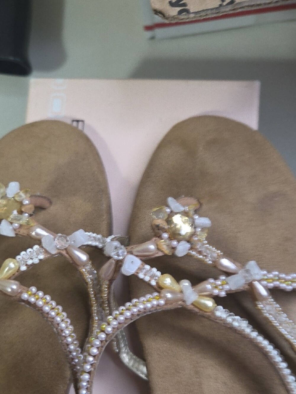 Bandolino Beige Beaded Floral Toe-Post Sandals - Picture 3 of 5